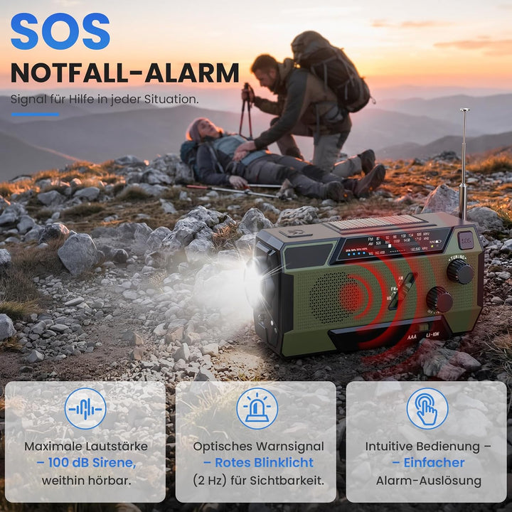 Kurbelradio Notfallradio 4000mAh (14800 mWh) Akku, Powerbank mit 3 integrierten Kabeln, Radio mit Ku