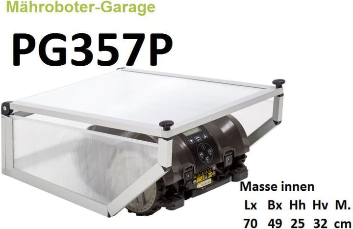 PreGaRo® Mährobotergarage mit klappbarem Dach. Masse innen 70x49x25x33 (LxBxHh+Hv) PG357P Polycarbon