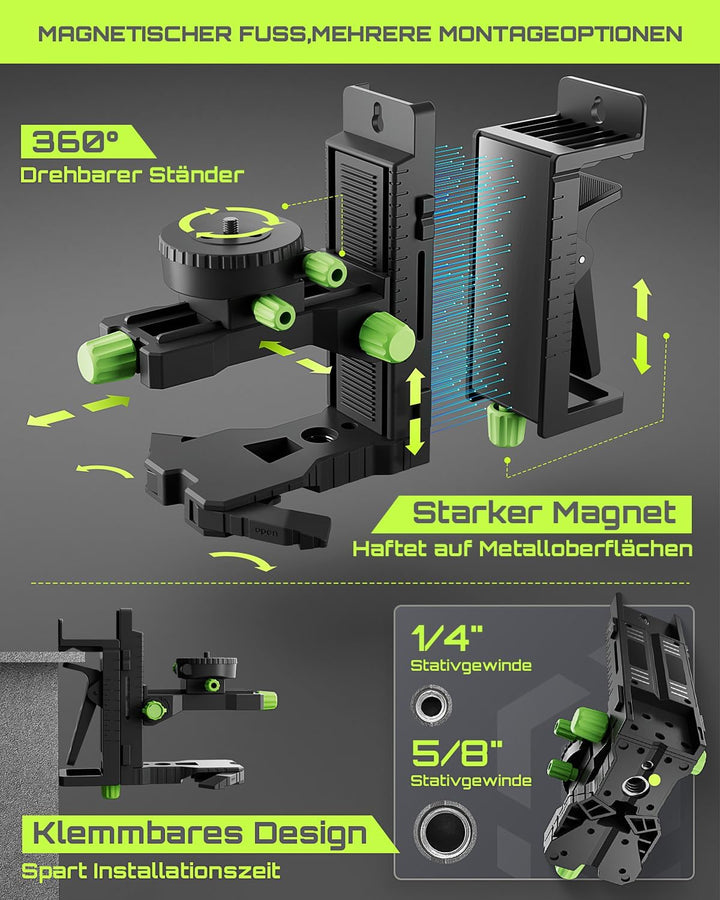 LasGoo LG-3DMAX 3x360° grüner Laser-Wasserwaage, 3D selbstnivellierend, 2 wiederaufladbare Batterien
