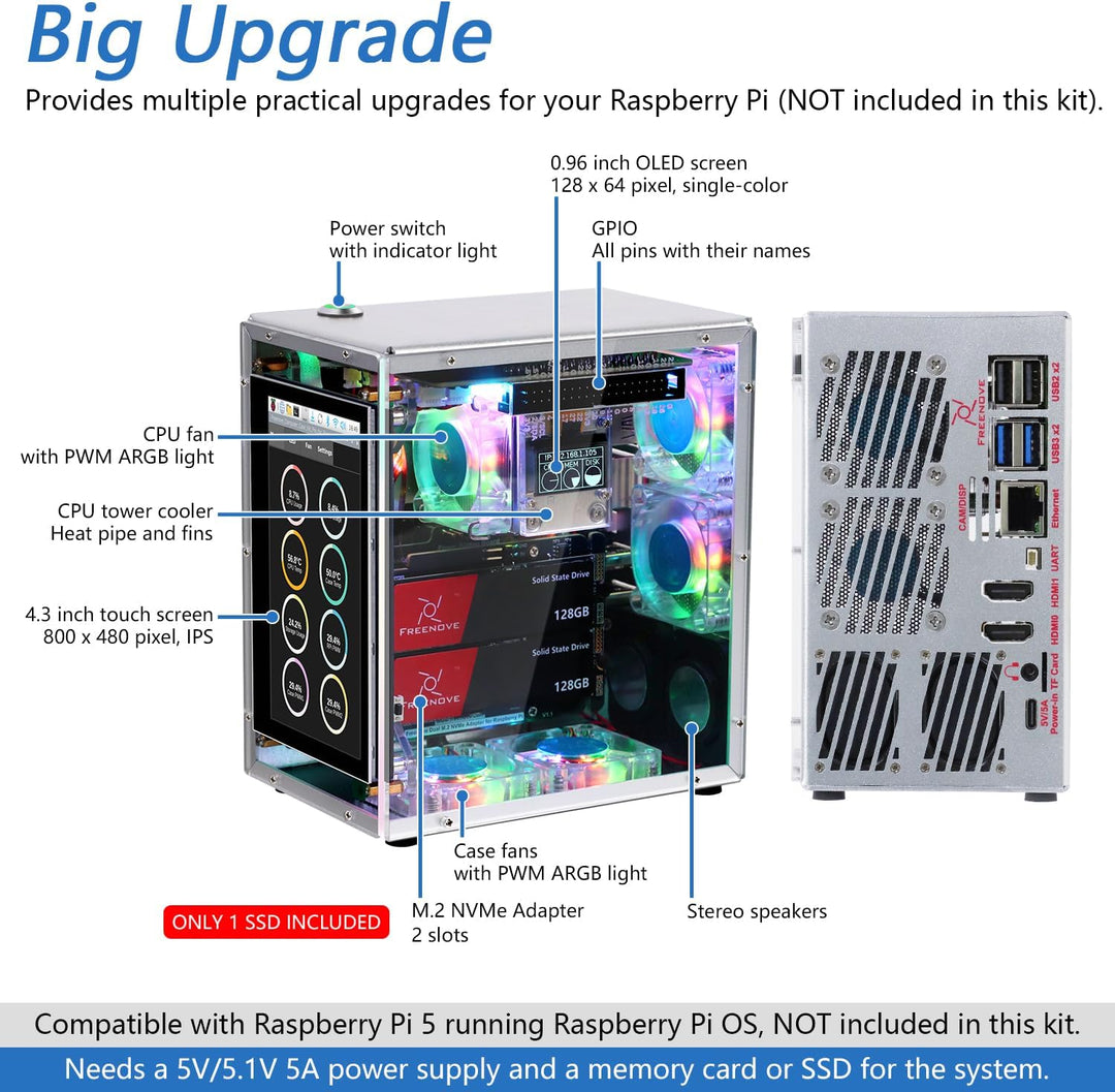 FREENOVE Raspberry Pi 5 Case Kit Pro (with 1x 128GB SSD), Dual M.2 NVMe SSD Slots, 5 PWM ARGB Fans L