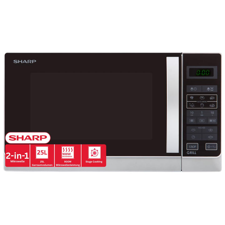Sharp R742INW 2-in-1 Mikrowelle mit Grill / 25 L / 900 W / 1000 W Grill / LED-Display / 8 Automatikp