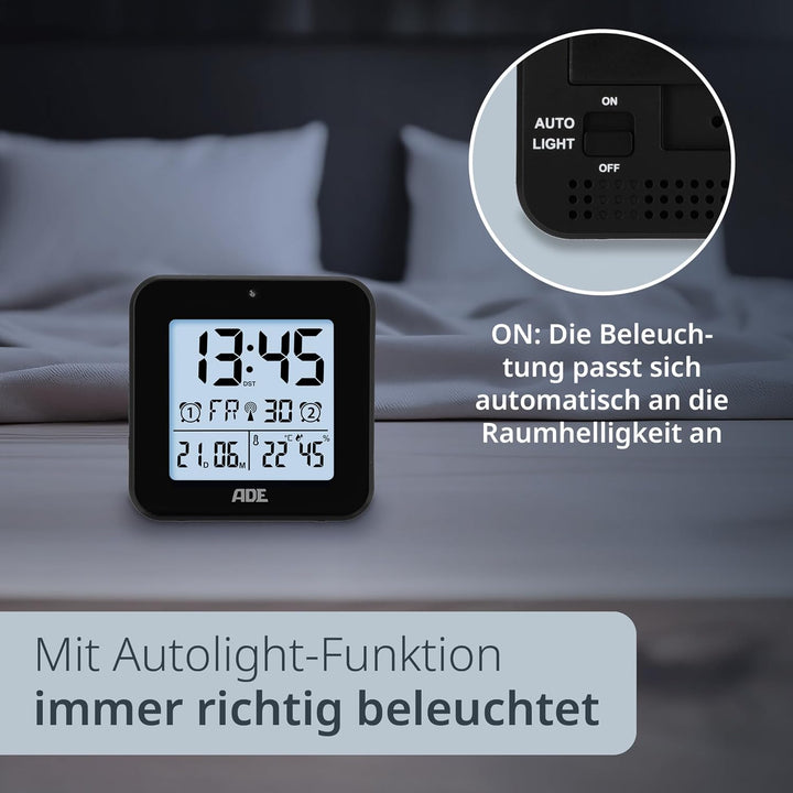 ADE Funkwecker digital mit Batterie | 2 Weckzeiten | Temperaturanzeige | Luftfeuchtigkeit | Reisewec