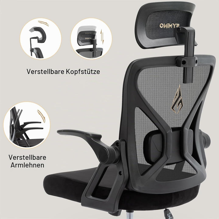 symino Bürostuhl, Bürostuhl Ergonomischer mit Verstellbarer Kopfstütze, Armlehnen, Lordosenstütze, d