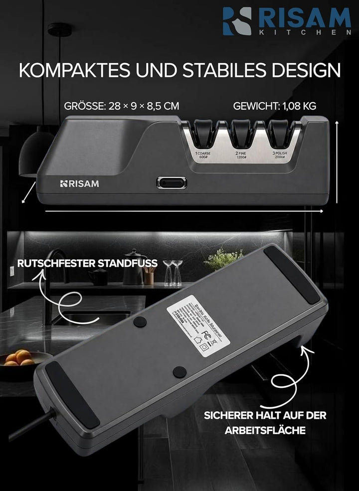 RISAM Kitchen Elektrischer Messerschärfer - 3-Stufen-Schleifsystem mit Winkelführung, für Küchen-, J