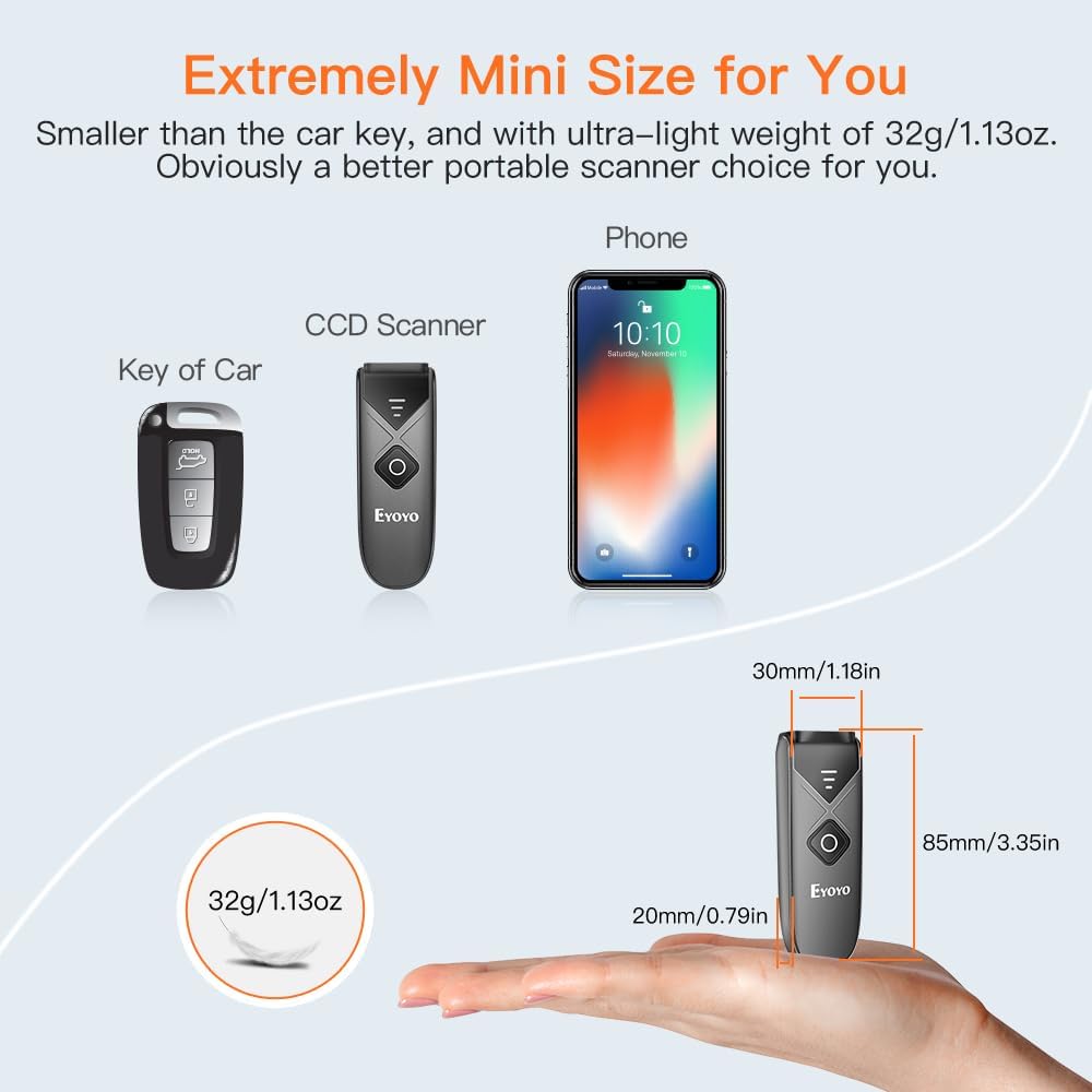 Eyoyo Mini 2D Bluetooth Wireless Barcode Scanner, with Upgraded Scanning Sensor Portable 1D QR Code