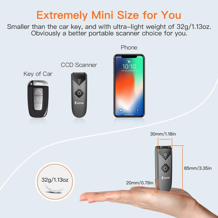 Eyoyo Mini 2D Bluetooth Wireless Barcode Scanner, with Upgraded Scanning Sensor Portable 1D QR Code