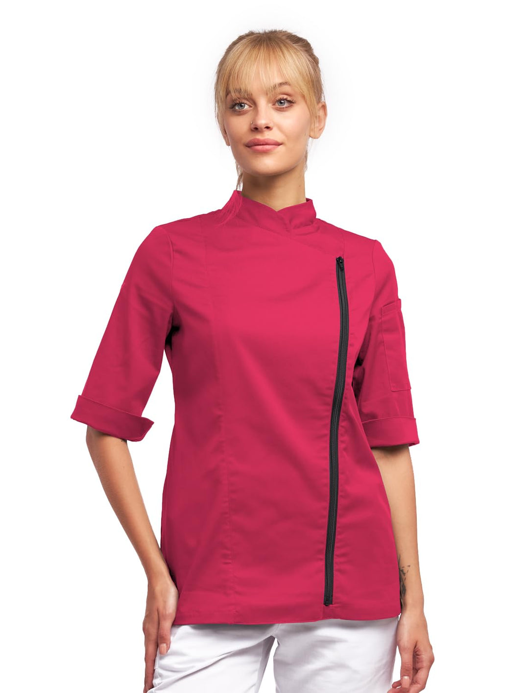 strongAnt Kochjacke Damen kurzarm Stretch mit Druckknöpfen oder Reissverschluss Kochuniform XS Pink