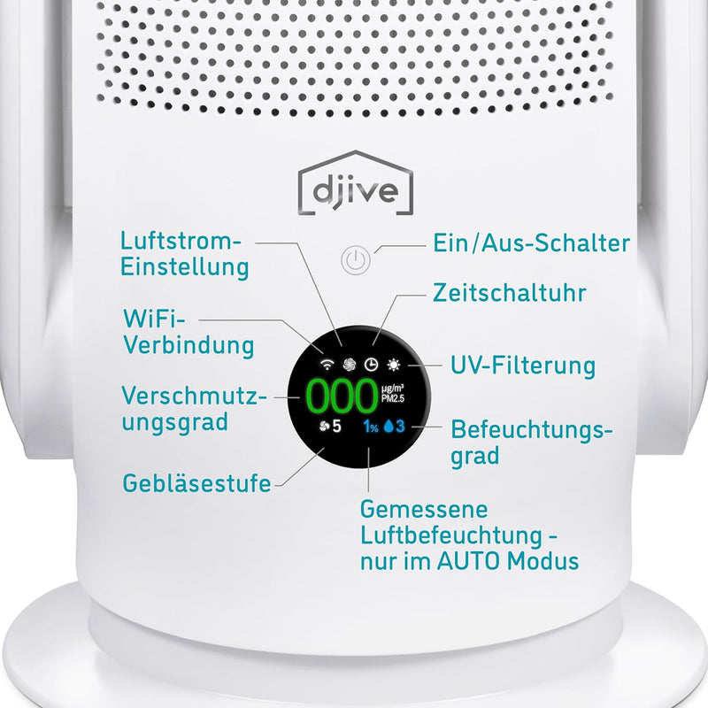 djive ARC Humidifier 29dB leiser Turmventilator mit Luftbefeuchter & Luftreiniger mit HEPA 14, Stand