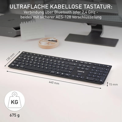 CHERRY KW 9100 Slim, kabellose Design-Tastatur, Französisches Layout (AZERTY), wahlweise Bluetooth®-