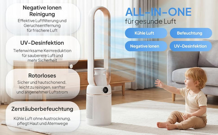 ROVSUN 4 in 1 Blattloser Turmventilator sehr Leise 25-50dB, Turmventilator 50 W mit 15H-Timer & Fern