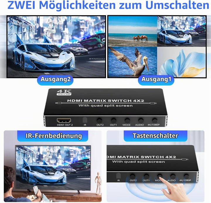 HDMI Matrix Switcher 4x2 mit Multiview, Bolaazul 4K HDMI Multi-Visor Quad Multi-Viewer Dual Monitor