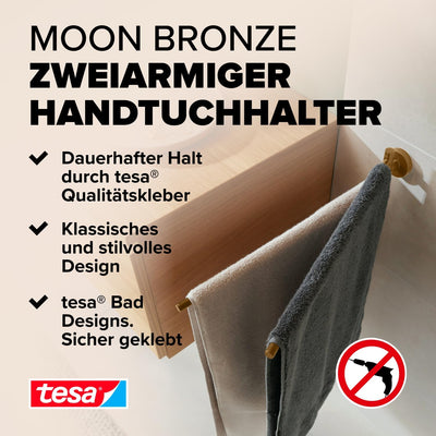 tesa Moon Bronze Handtuchhalter 2-armig in gebürsteter Bronze - Selbstklebende Handtuchstange aus PV