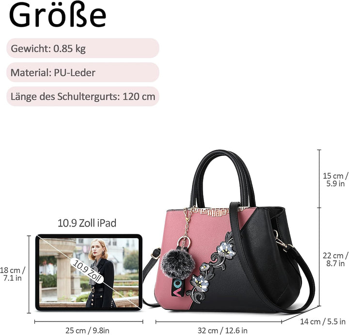 Damen Handtasche Mode Stickdesign Schultertasche Grosse Kapazität Umhängetasche Casual Reise Handtas