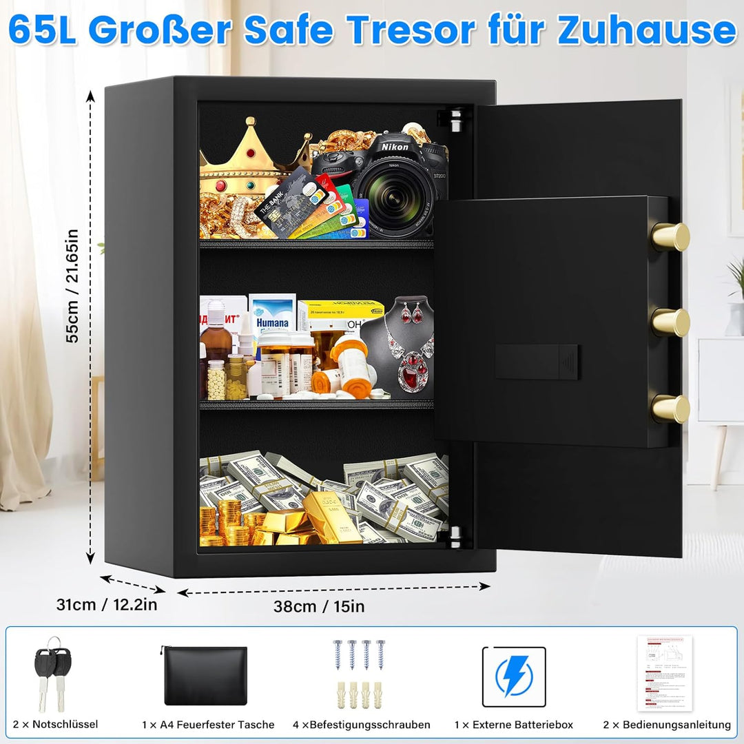 65L Grosser Feuerfester Tresor Safe mit Feuersichere Dokumententasche, Digitaler Möbeltresore mit 2