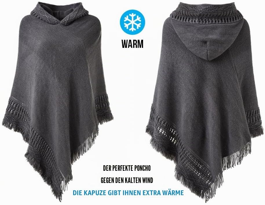 Ferand Damen Poncho mit Kapuze und gehäkeltem Cape mit Fransensaum für Herbst Winter Einheitsgrösse