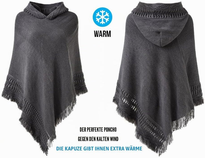 Ferand Damen Poncho mit Kapuze und gehäkeltem Cape mit Fransensaum für Herbst Winter Einheitsgrösse