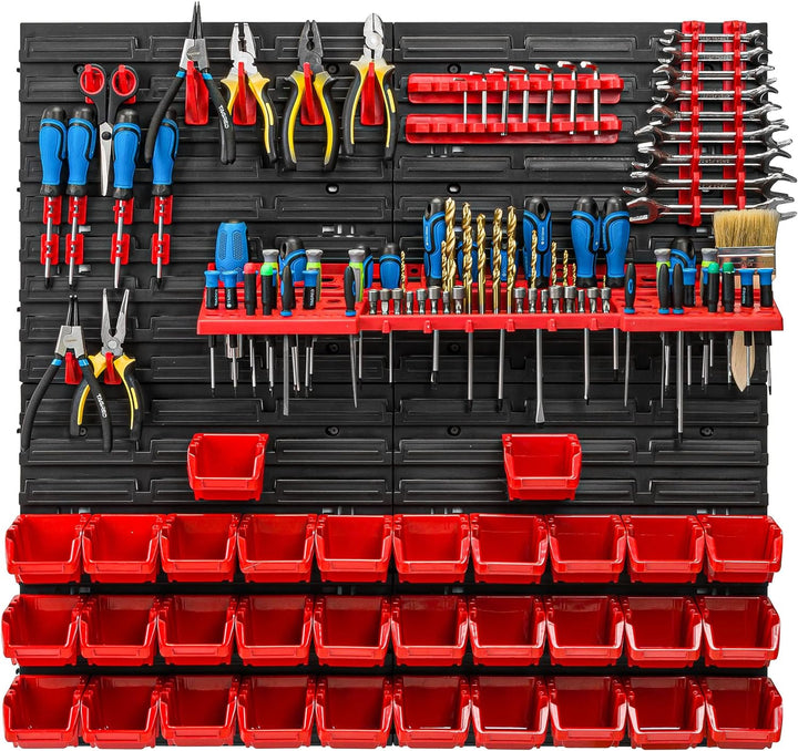 Lagersystem Werkstattregal | 78 x 78 cm | 32 stck. Box | Wandregal mit Werkzeughalterungen und Stape