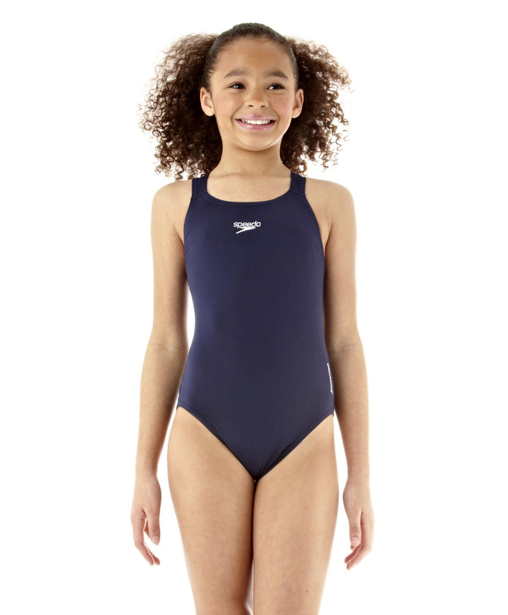 Speedo Mädchen Badeanzug Einteiler Powerflex Flyback Solid Youth Team Farben Badeanzug 7-8 Jahre Nav