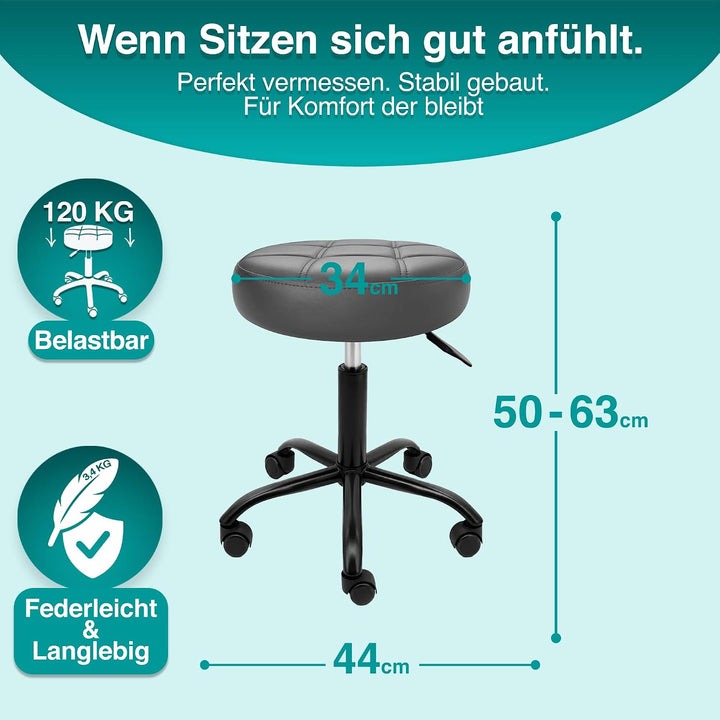 Rollhocker mit Metall-Basis und leisen Softrollen [Neues Modell] – höhenverstellbar, 360° drehbar, k