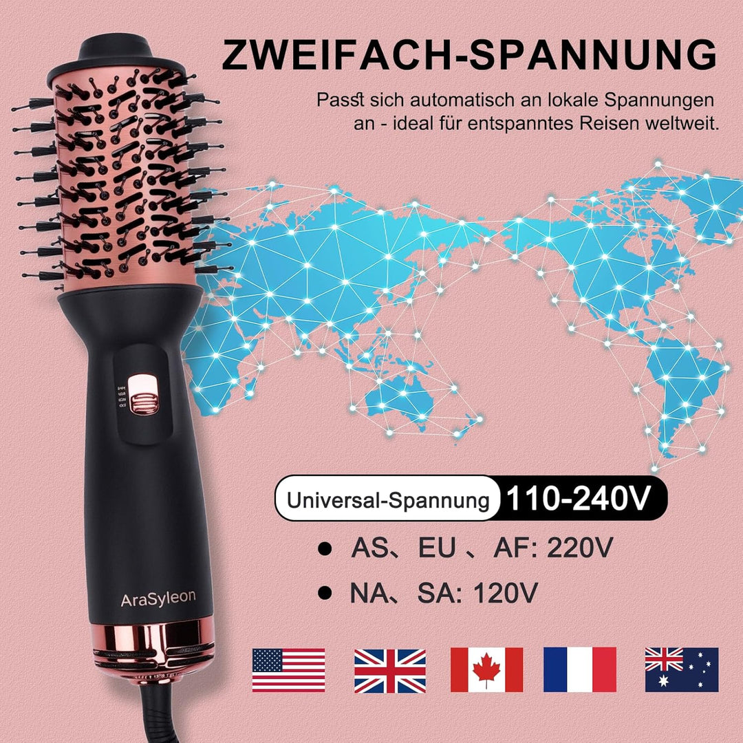 Reise Warmluftbürste, Föhnbürste mit 3 Temperaturstufen für Glätten & Locken, Leicht (275g) Dual Vol