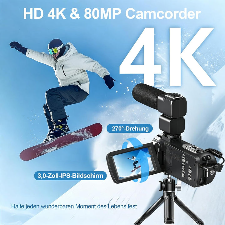 Videokamera 4K Camcorder, HD 80MP 30FPS IR Nachtversion Vlogging Kamera, 3.0-Zoll IPS Bildschirm 18X