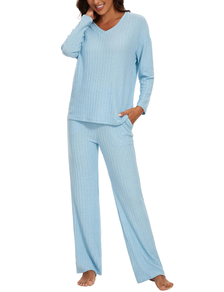 Schlafanzug Damen Lang Zweiteiler Nachtwäsche Set Warm Pyjama mit V-Ausschnitt Top und Hosen mit Tas