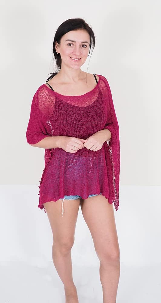Damen Häkelspitze strecken Fisch-Netz Batwing Poncho Einheitsgrösse Grosse Grössen Magenta, Einheits