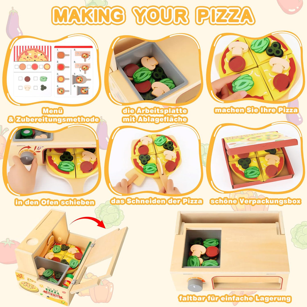 Charmofun Pizza Kinderküche Zubehör Holz, Kinderküche Zubehör Spielküche Pizza Set mit Pizzaofen Sch