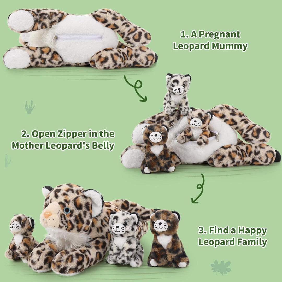 MorisMos 45cm riesen Leopardo Kuscheltier XXL mit 3 Plüschbaby im Bauch, gross liegend Plüsch Leopar