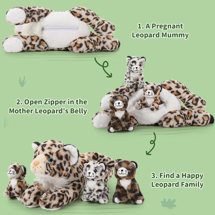 MorisMos 45cm riesen Leopardo Kuscheltier XXL mit 3 Plüschbaby im Bauch, gross liegend Plüsch Leopar