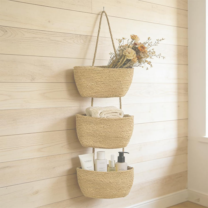 3-stöckiger Hängekorb aus Baumwollseil – Wand- & Türorganizer mit Türhaken & Klebehaken, Boho Aufbew