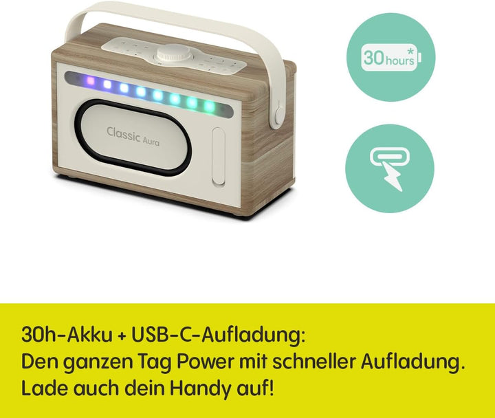 Pure Classic Aura Bluetooth-Lautsprecher 40 Watt, 30h Akku, Licht, USB-C, AUX, IPX2, 2-Wege-Stereo,