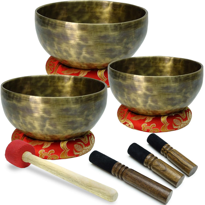 keepdrum Tibetische Bronze Klangschalen Singing Bowl Set 3-teilig mit Zubehör, Bronze