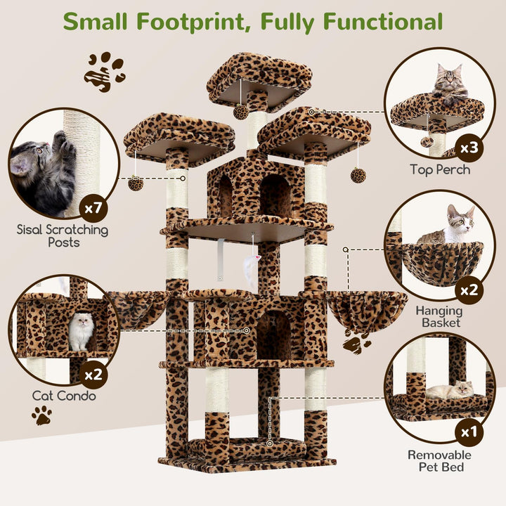 Globlazer Kratzbaum Leoparden Stabil 174 cm mit 3 Gepolsterte Sitzstangen, 2 Katzenhaus, 2 Korb, Abn