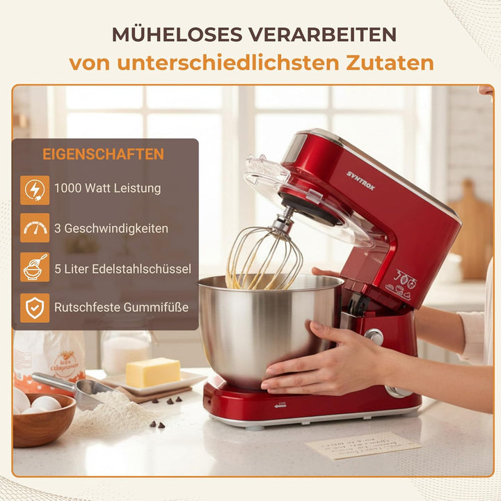 Syntrox 5,0 l Küchenmaschine Wezen | Knetmaschine | Rührmaschine | Spiralkneter, Multifunktional, 5