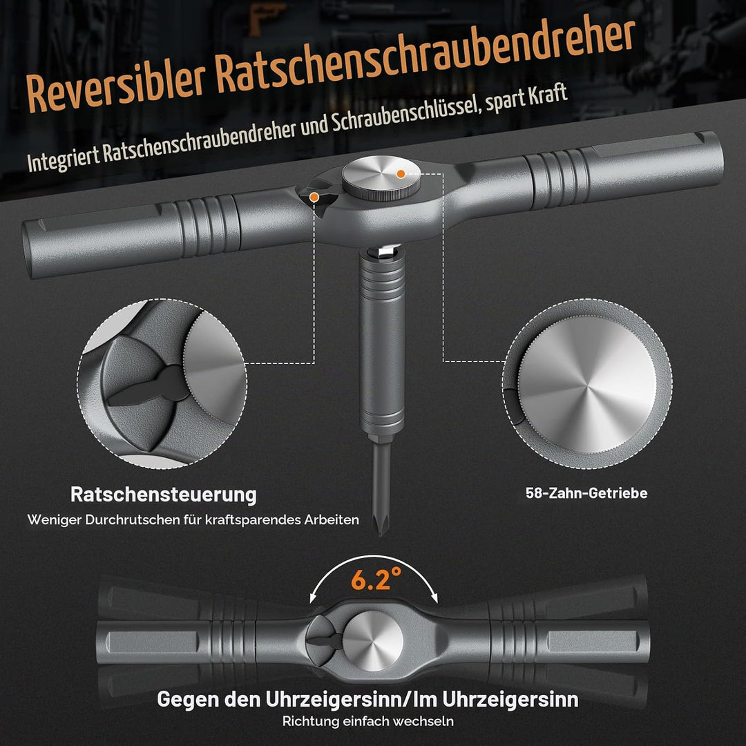 43 in 1 Ratschenschraubendreher Set mit abnehmbarem Griff, 6.2° Ratschenkopf, Multi S2 Stahl Bit Fre