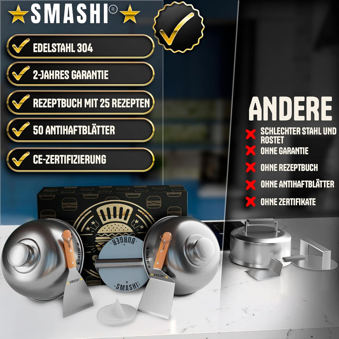 SMASHI® Smash Burger Set mit Holzgriffen – Grillzubehör aus Edelstahl 304 Burgerpresse, 2 Spachteln