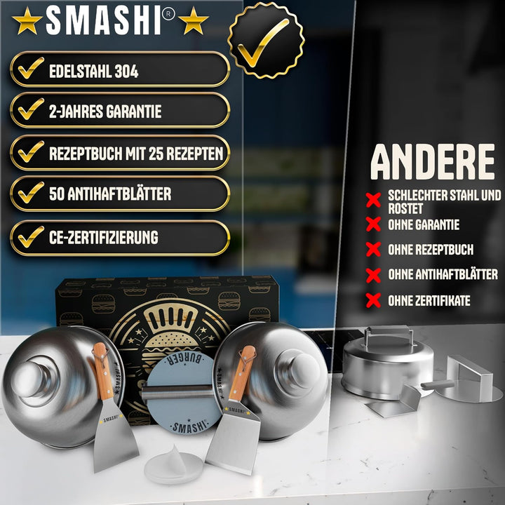 SMASHI® Smash Burger Set mit Holzgriffen – Grillzubehör aus Edelstahl 304 Burgerpresse, 2 Spachteln