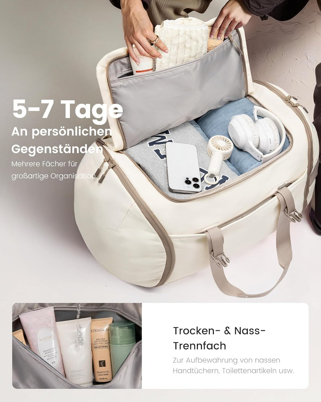 LOVEVOOK Reisetasche Sporttasche Rucksack Gross, 56L Handgepäck Rucksack Flugzeug mit Schuhfach Nass