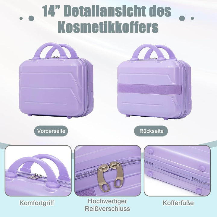 Hartschalen-Koffer Trolley Handgepäck Rollkoffer, Reisekoffer Set mit 4 Rollen, 2er Gepäckset Lila L