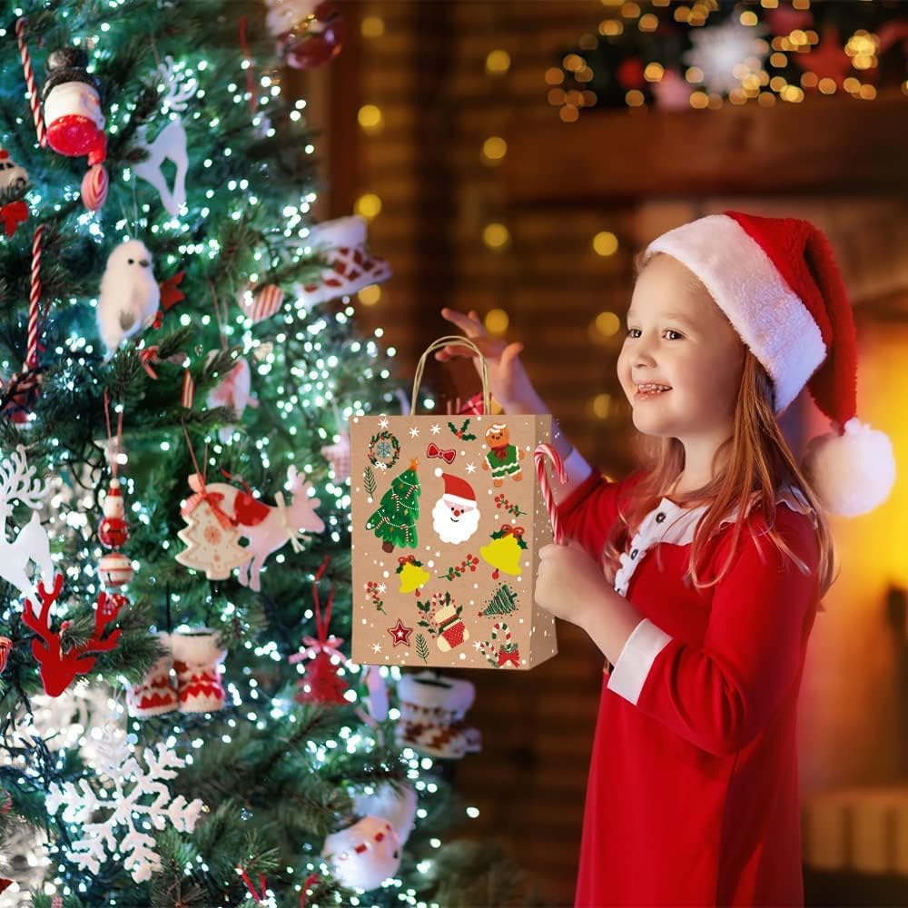 12 Stück Geschenktüten Weihnachten，Papiertüten Weihnachten mit Griff, Kraftpapier Weihnachtstüten fü