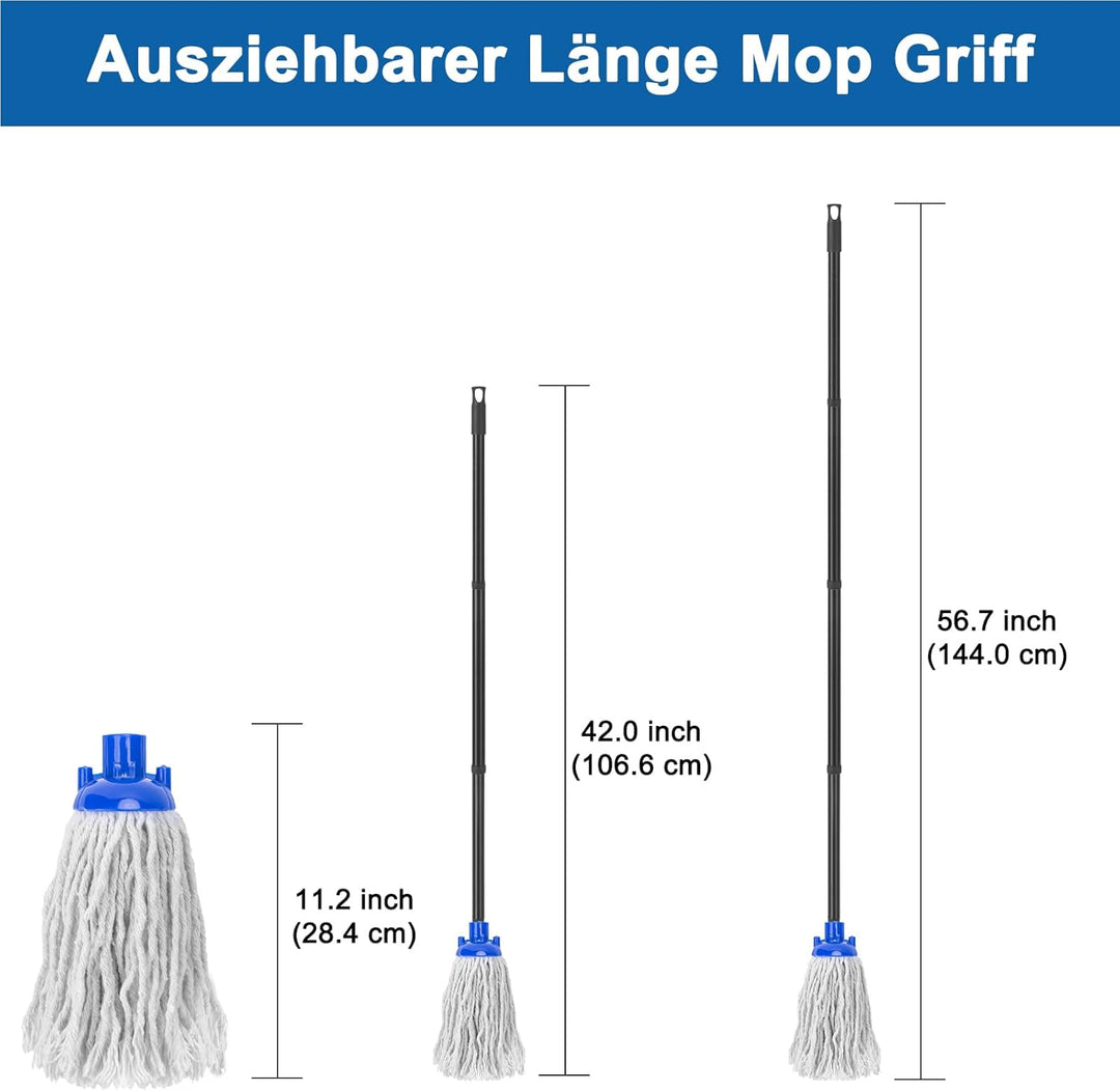 KeFanta Wischmopp für die Bodenreinigung aus 2 Stück Ersatzköpfe aus Baumwolle, 144 cm Metallgriff u