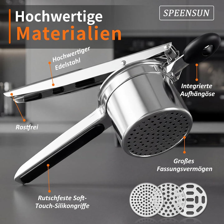 SPEENSUN Kartoffelpresse & Spätzlepresse aus Edelstahl (450ml) | 3 Lochscheiben & rutschfester Silik