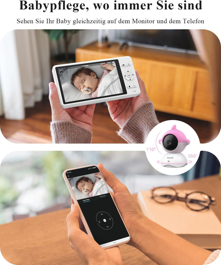 WUUK 2K/3MP Babyphone mit Kamera, 5.5 Zoll Display mit 360° PTZ Baby Monitor, 135° Weiter Blickwinke