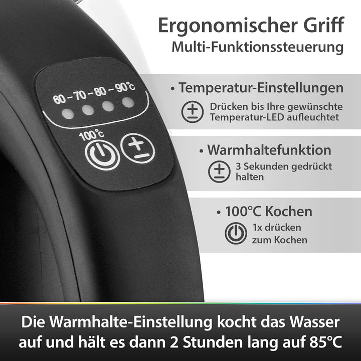 T24 Wasserkocher Glas 1,7 L, Wasserkocher mit Temperatureinstellung 60, 70, 80, 90, 100 °C, Wasserko