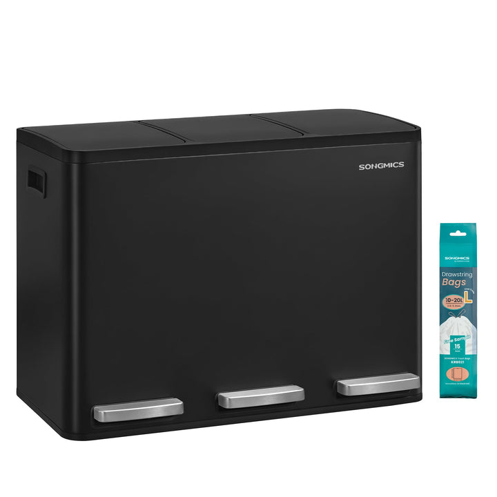 SONGMICS Mülleimer Küche, 3 x 15 L, Mülltrennsystem 3 Fächer, Abfalleimer mit 15 Müllbeuteln, Tretmü