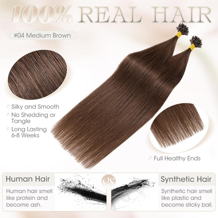 Elailite Extensions Echthaar Bonding 1g/s 60cm #4 Mittelbraun U Tip Hair Extensions Keratin 50 Sträh
