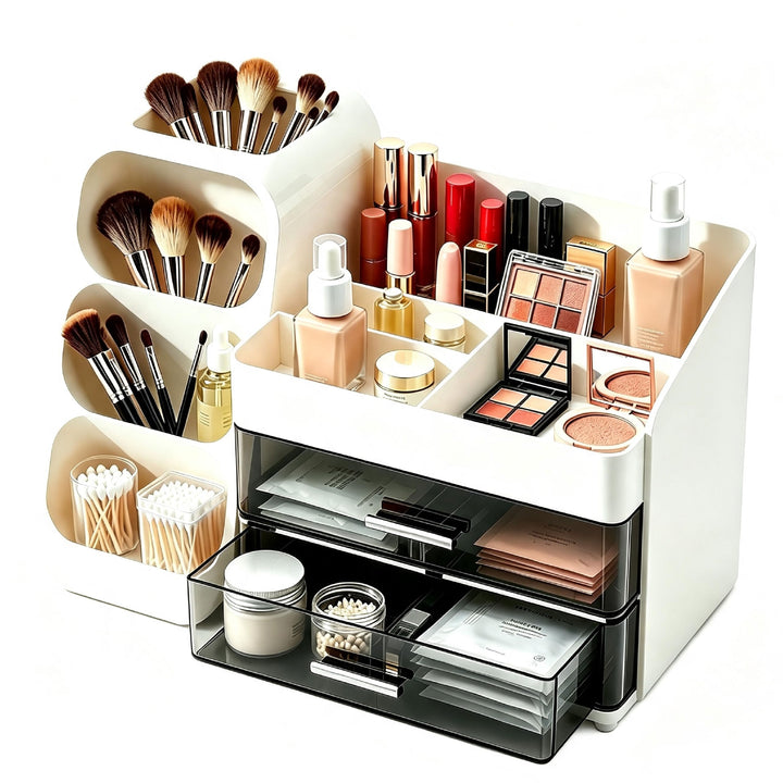 Grosser Makeup Kosmetik Organizer mit Schubladen – 3-in-1 Aufbewahrungsbox für Pinsel &amp; Kosmetik, st