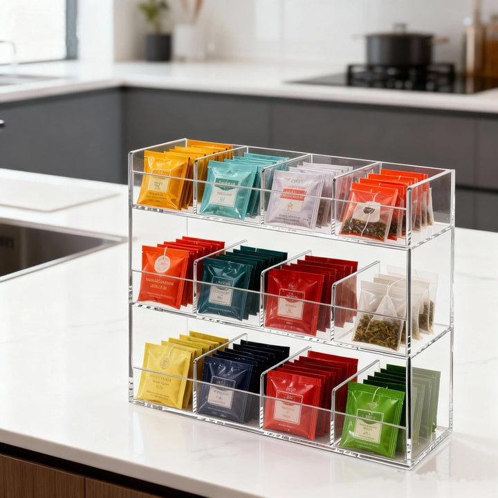 Teebeutel Organizer aus Transparentem Acryl, 12-Fach Teebox für 200+ Teebeutel, Stapelbare Tee Aufbe
