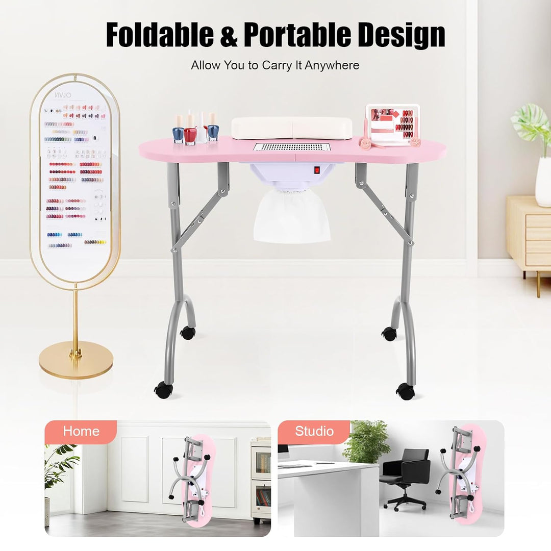 Manikürtisch mit Nagelstaubsauger, 90×40×72,5 cm, klappbar, mit Rollen und Bremsen – mobiler Nagelti